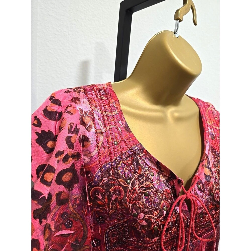 Vtg One World Pink Top Womens Med Y2K Paisley Embroidered Beaded Indie Boho Lace - Picture 2 of 8